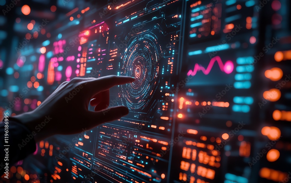 Aufkleber Futuristic digital network with a person interacting with floating holographic screens, advanced technology, glowing neon interface, highdefinition details, sleek modern design