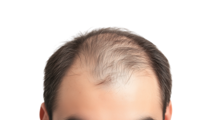 PNG, Hair loss concept, man's head with problem areas of baldness, isolated on white background, generated by Generative AI technology.