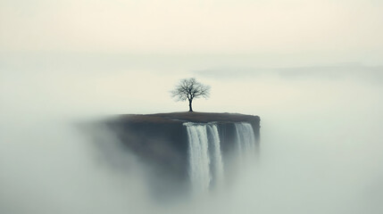 Solitary Tree on a Misty Waterfall Cliff, fog, alone, isolated, landscape, nature
