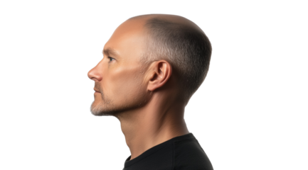 PNG, Hair loss concept, man with alopecia, isolated on white background, generated by Generative AI technology.