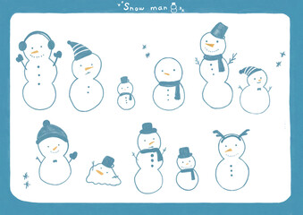 雪だるまのイラストセット、冬のイラスト、色鉛筆手書き風、ゆるいイラスト,スケッチ 、雪だるま、シンプルな冬の手書きイラスト