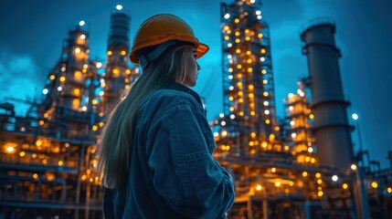 Obraz premium Engineer Supervising a Brightly Lit Industrial Plant at Dusk with Vibrant Sky