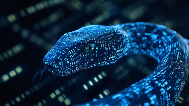 A computer screen displaying python code with a digital snake, symbolizing python programming for data engineering