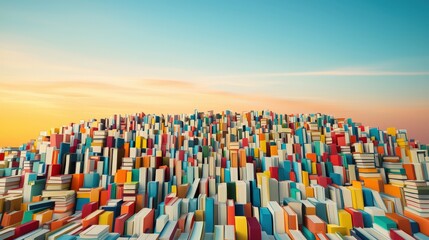 Obraz premium A radiant sunrise over a field of books with alphabets from around the world