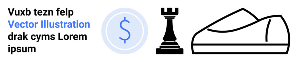 Dollar sign currency symbol, black chess rook, and sleek shoe outline in a minimalist style. Ideal for finance, strategy, fashion, business, modern design, planning, organization. Landing page
