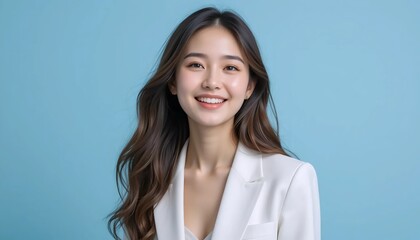 Fototapeta premium Close Up Portrait of a Young Woman in White Professional Suit with Radiant Smile and Warm Expression on Light Blue Background