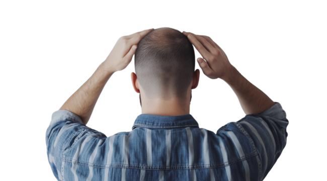 PNG, Hair loss concept, upset man, isolated on white background, generated by Generative AI technology.