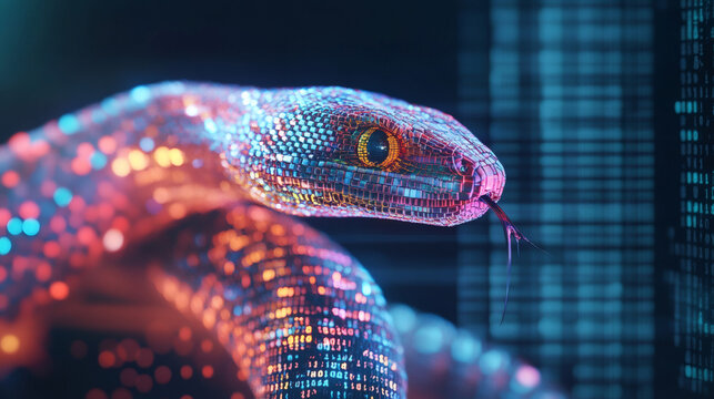 A computer screen displaying python code with a digital snake, symbolizing python programming for data engineering
