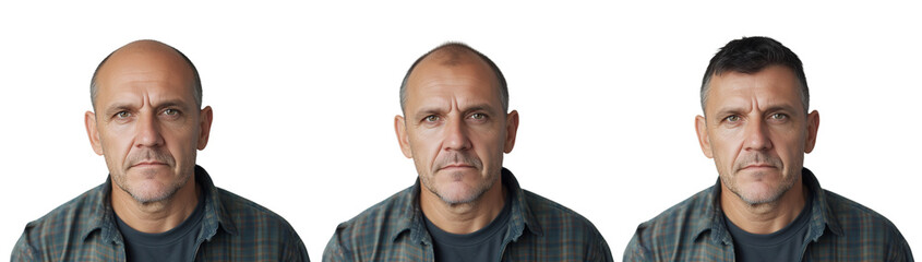 Fototapeta premium PNG, Concept of hair loss, treatment result - before, after, isolated on white background, generated by Generative AI technology.