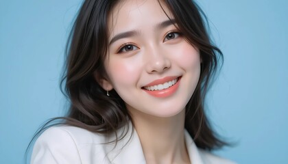 Naklejka premium Close Up Portrait of a Young Woman in White Professional Suit with Radiant Smile and Warm Expression on Light Blue Background