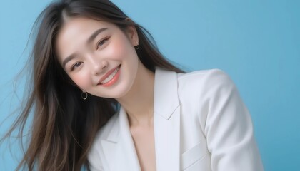 Close Up Portrait of a Young Woman in White Professional Suit with Radiant Smile and Warm Expression on Light Blue Background