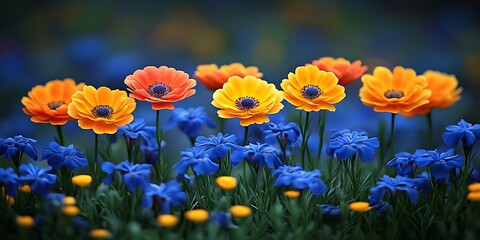 Obraz premium Vibrant orange and blue flowers in a garden.