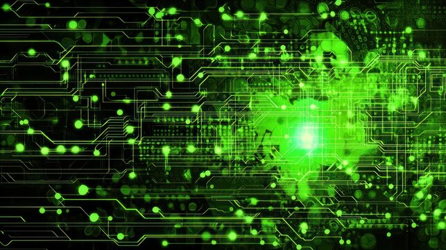 Abstract digital circuit design with green glowing elements.