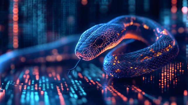 A computer screen displaying python code with a digital snake, symbolizing python programming for data engineering
