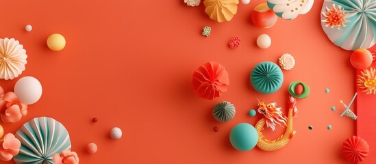Fototapeta premium Vibrant orange background with colorful decorative elements in creative art display chinese red banner illustration