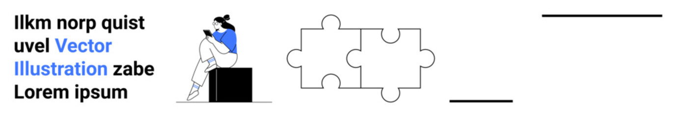 Woman reading on a block next to two lower puzzle pieces, text with word Vector Illustration in blue, and horizontal lines. Ideal for education, problem-solving, analysis, reading, creativity