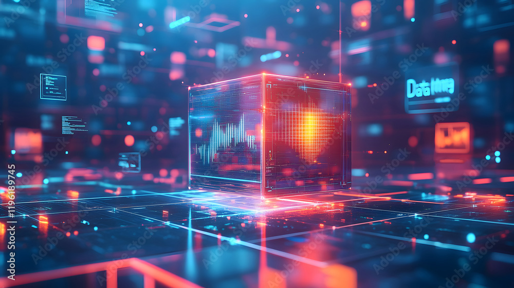 Poster a massive data warehouse with glowing data cubes – depicting 
