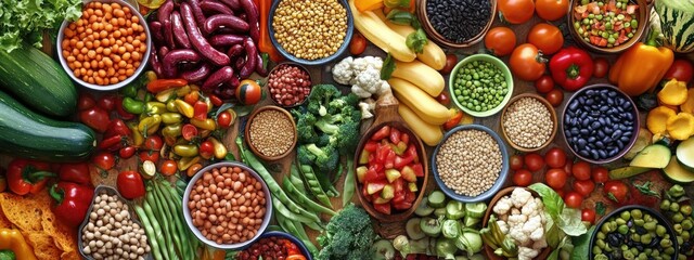 A colorful vegan lunch spread, featuring a variety of fresh vegetables, grains