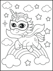 Superhero Unicorn Coloring Page for Kids. A Fun and Printable Black and White Activity Sheet for Kindergarten.
