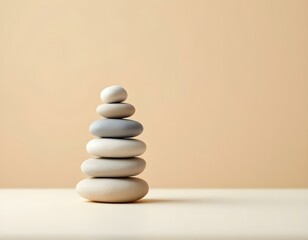 Obraz premium zen, stones, stacked, arranged, flat, white, surface, beige, background, clean, balance, harmony, calm, minimalist, serene, tranquil, meditative, peaceful, nature, simplicity, alignment, symmetry,