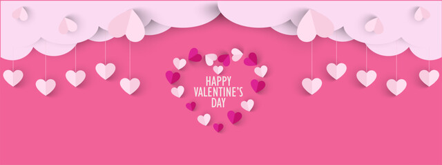 Horizontal banner  Happy Valentine's day with copy space, Beautiful paper cut white clouds with white heart frame on pink background.Template for celebration, ads, branding, banner, cover, label, post