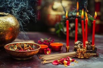 A prosperity ritual with incense, red candles, and gold decorations set up in the office for 2025, Generative AI