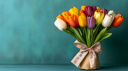 Colorful Tulip Bouquet in Rustic Vase, tulips, flowers, spring, vibrant, multicolored