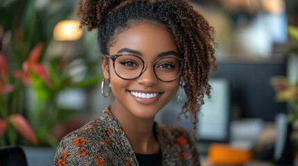 A professional smiling while typing at their desk, achieving their dream job in a modern office