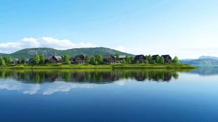 Tranquil lakeside village with reflections and lush greenery.