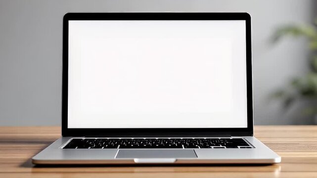 Modern silver laptop with blank screen sits on light wood desk