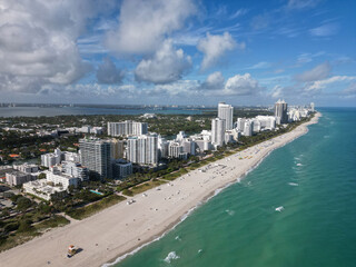 Naklejka premium Sea beach seashore and coastline. Summer vacation in Miami, Florida. Sea vacation on beach. Aerial marina view. Beach vacation. Coastline of Miami. Miami south beach aerial view