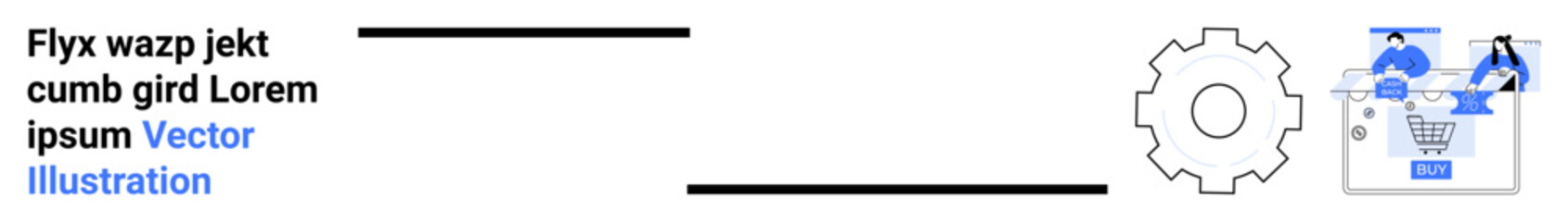 Team setting up an e-commerce platform with a gear icon and shopping cart design elements. Ideal for teamwork, collaboration, online shopping, digital transformation, workflow, internet commerce