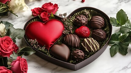 Naklejka premium Heart-Shaped Box of Gourmet Chocolates with Roses for Valentine's Day