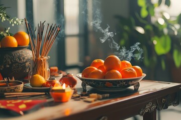 A table set with offerings like oranges and incense for a 2025 prosperity ritual in the office, Generative AI 