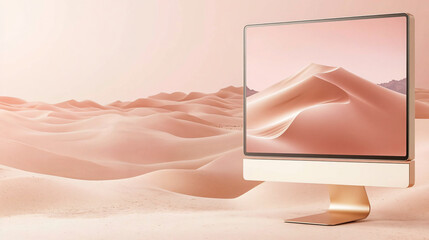 Elegant PC mockup vast desert sand dune minimalistic design serene sandy landscape branding promotional concept screen monitor pink soft dry drift banner gentle surreal photography travel explore