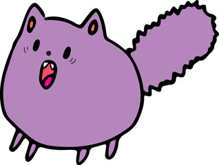 funny scared purple fluffy round cat with scared eyes with a very fluffy tail opened her mouth from fear