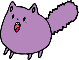 funny scared purple fluffy round cat with scared eyes with a very fluffy tail opened her mouth from fear