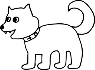 dog with a ring tail stands and looks forward smiling with his mouth open