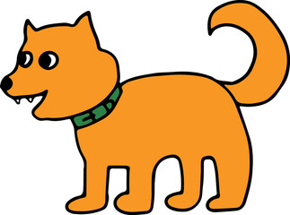 red dog in a green collar with a ring tail stands and looks forward smiling with his mouth open