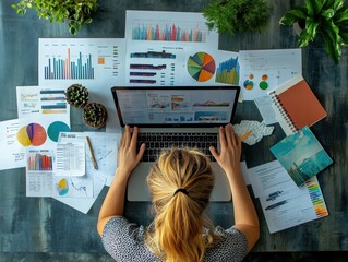 A brand strategist analyzing a brand's positioning on a laptop, surrounded by marketing materials, charts, and creative branding assets.