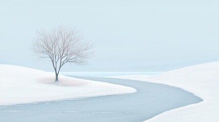 Obraz premium Serene winter landscape with tree frozen stream digital art minimalist tranquil view nature concept
