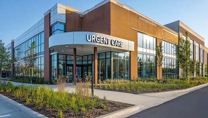 Obraz premium Modern Urgent Care Facility: Exterior Design Showcase, Landscaping and Brick Architecture, Impeccably Clean and Efficient