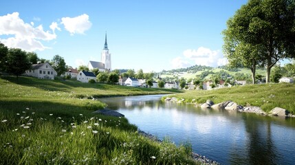 Serene village landscape with a river and church under a clear sky.
