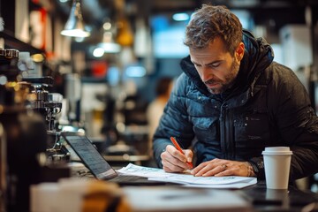 A designer sketching a concept on paper, surrounded by digital tools like a tablet, laptop, and coffee cup in a well-lit creative studio.
