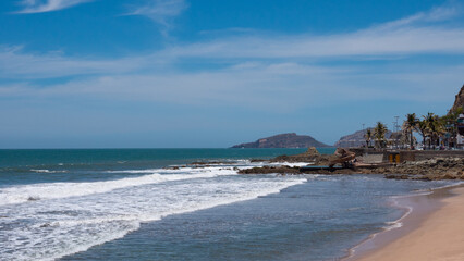 Summer vacation. Travel destination. Sea beach landscape. Seascape and beach. Vacation on summer. Sea travel. Beach landscape of seaside city for summer vacation.
