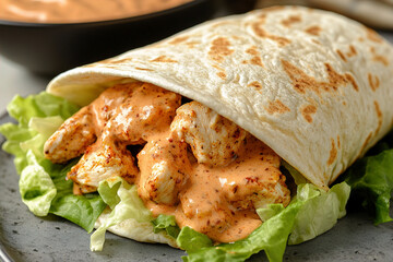 A newly made chicken wrap filled with creamy chipotle sauce and greens. (Generative AI)