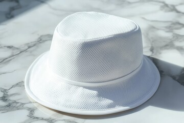 White textured bucket hat on marble.