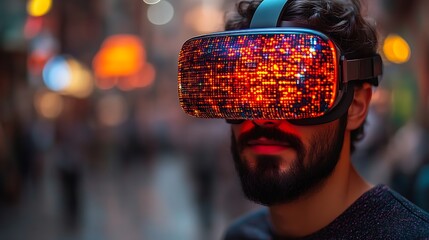 Man wearing VR headset in city at night.