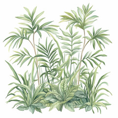 Lush Tropical Foliage Watercolor Painting, tropical plants, palm leaves, greenery, botanical illustration, tropical leaves