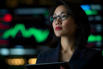Fototapeta premium A focused woman in glasses holds a tablet, contemplating data, with vibrant financial graphs in the background.